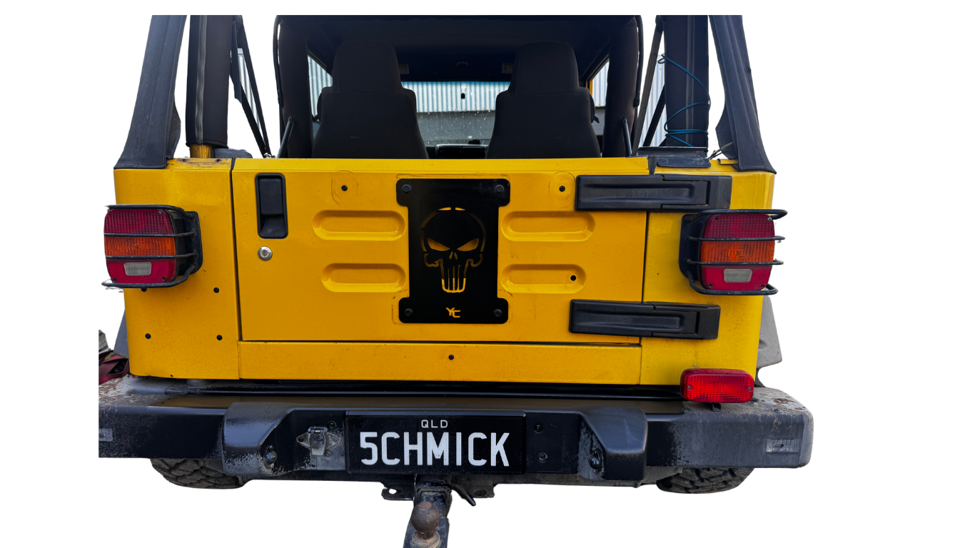 Rear Tailgate Tyre Carrier Delete Plate with Skull – Jeep TJ Wrangler | Aluminium or Black